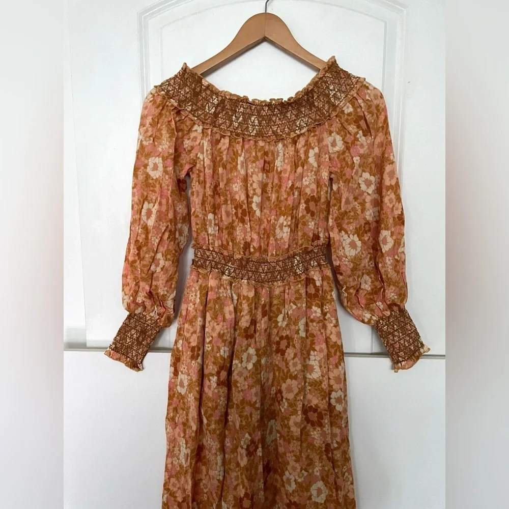 Spell Anne Smocked wide leg jumpsuit XS Peach antique floral off shoulder cotton - Picture 4 of 14